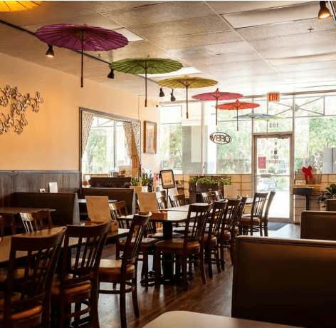 Muji & JJ Thai Sushi Dining Room with traditional umbrella decor